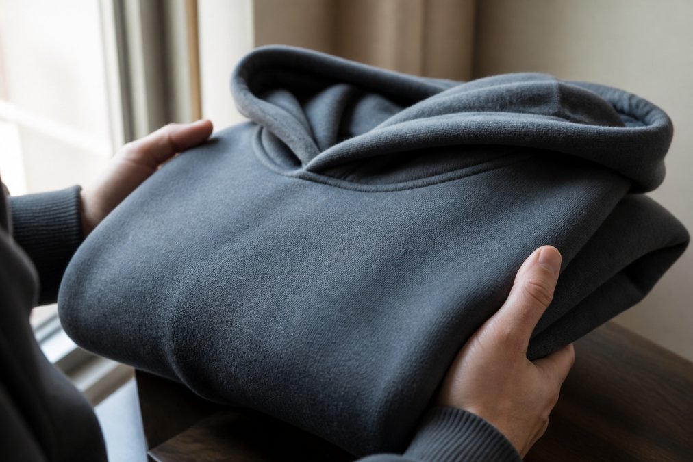 Close-up of hands holding a folded heavyweight slate-colored hoodie, showing the thick fabric texture and a subtle chest print in soft natural window light
