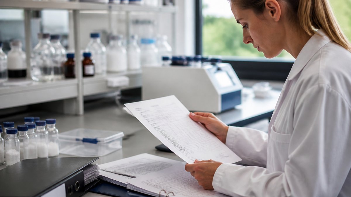 A laboratory researcher in a white coat reviewing supplier documentation and a certificate of analysis on a laptop in a clean, well-lit lab setting