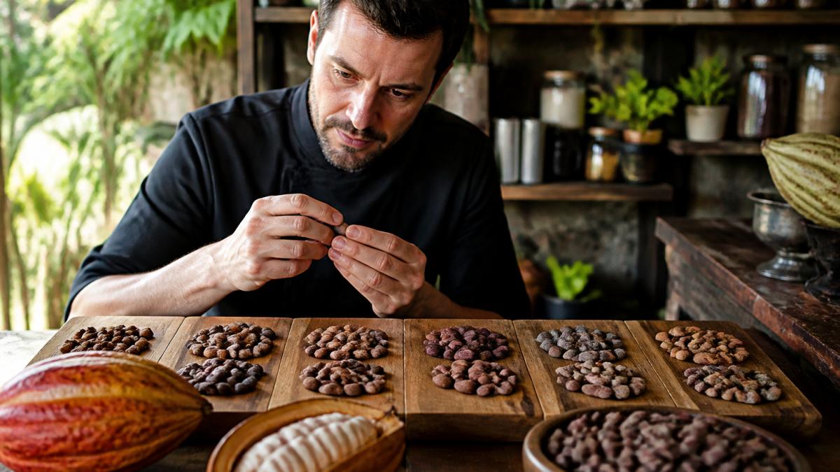 Professional chocolatier examining single-origin chocolate fèves from different countries arranged on a wooden tasting board, with cacao pods and dried beans visible in natural daylight