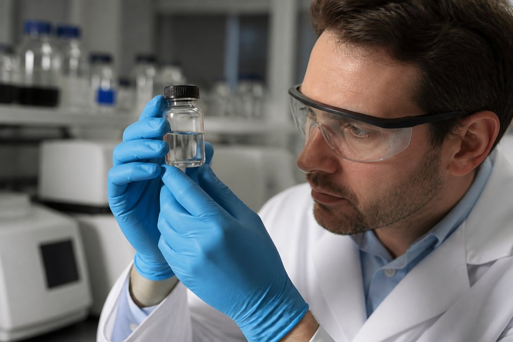 A gloved researcher in a modern laboratory examining a clear glass vial labeled with a chemical formula, with analytical equipment softly blurred in the background