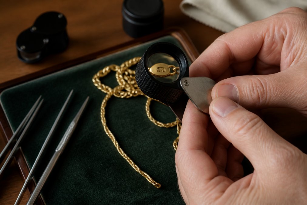Close-up of a jeweller's loupe held over the clasp of a vintage gold necklace, with a hallmark stamp visible on the metal surface, soft natural lighting on a velvet tray