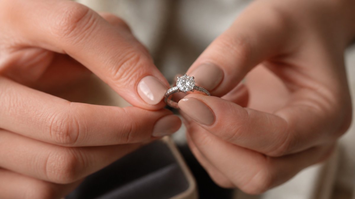 Close-up of hands holding an elegant engagement ring with diamond centre stone, natural lighting showing the sparkle and craftsmanship of the band and setting