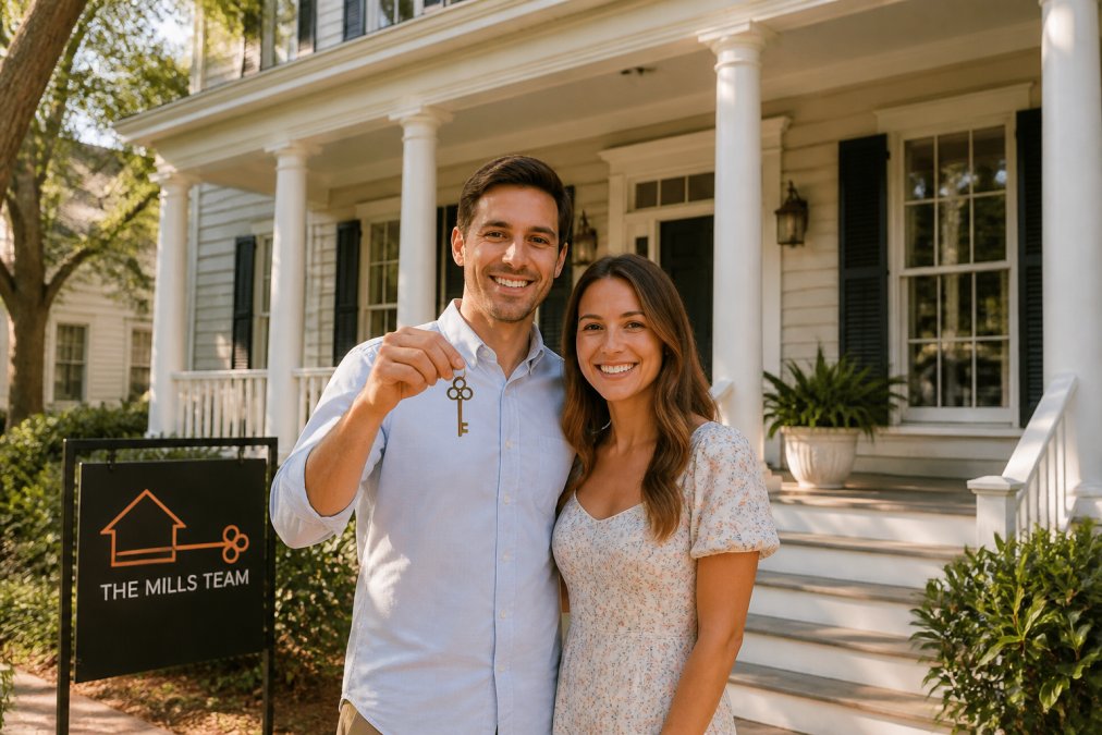 Young couple standing in front of a Charleston-style home with a front porch and white columns, holding a house key and smiling, natural afternoon sunlight illuminating the facade