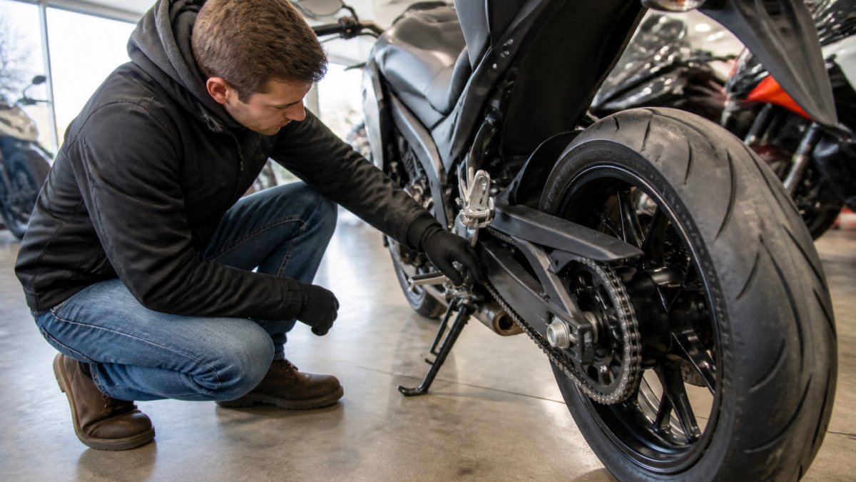 Buyer inspecting used motorcycle tires and chain to learn how to buy your first motorcycle safely at a dealership.