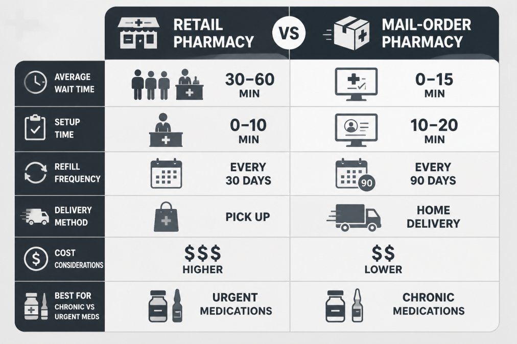 Visual comparison chart showing bypass pharmacy wait times