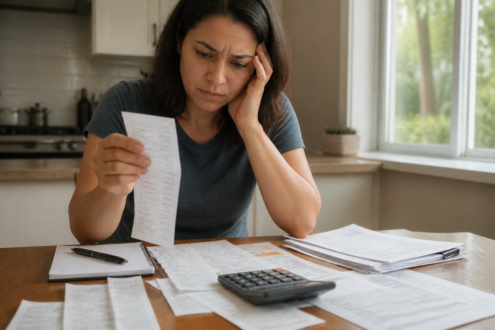 A person sorting through medical bills and receipts at a kitchen table, calculator and notepad nearby, natural daylight streaming through a window