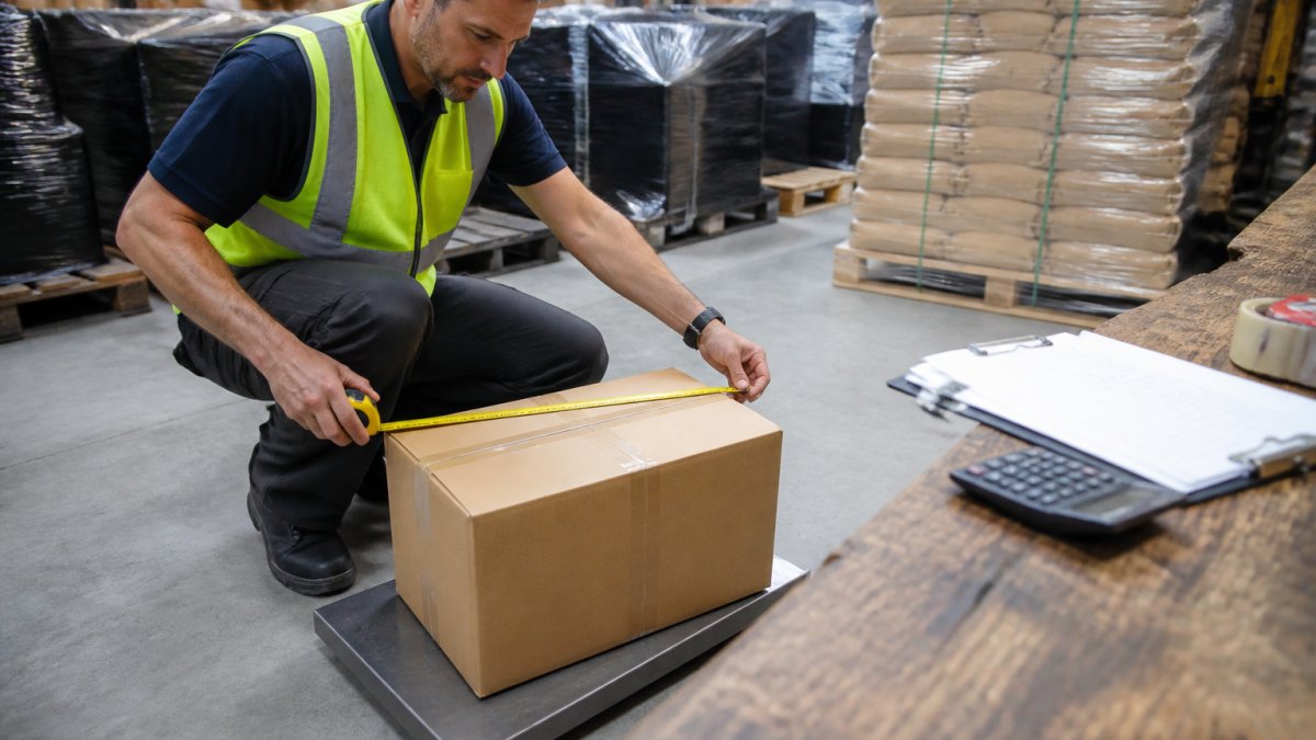 A warehouse worker in a high-visibility vest measuring a cardboard carton with a tape measure beside a floor scale, with a clipboard and calculator on a nearby bench