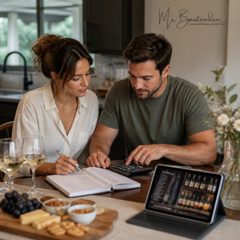 A couple reviewing a wedding planning notebook and calculator at a kitchen table, with wine glasses and a tablet showing a bar menu nearby
