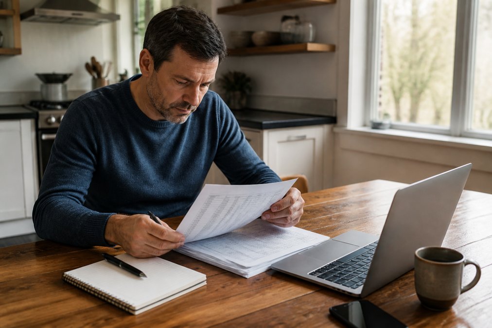 Homeowner reviewing detailed maintenance checklist and budget spreadsheet at kitchen table with laptop and notebook, natural morning light through window