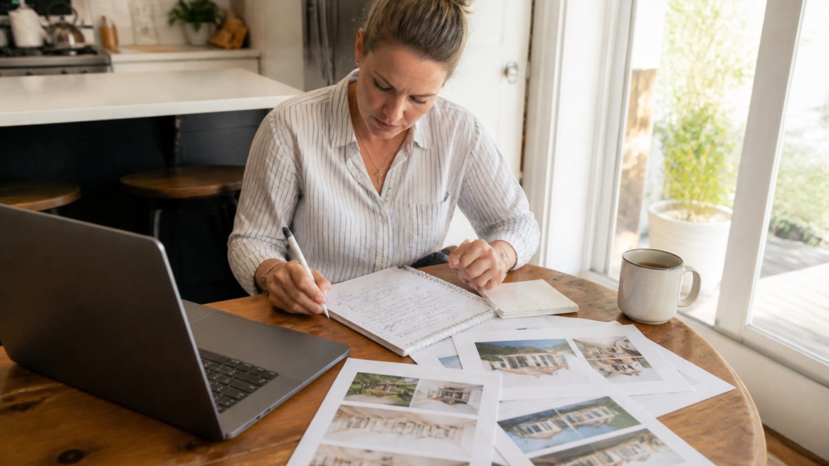 Investor using comp sheets and a laptop to calculate ARV for a property flip deal