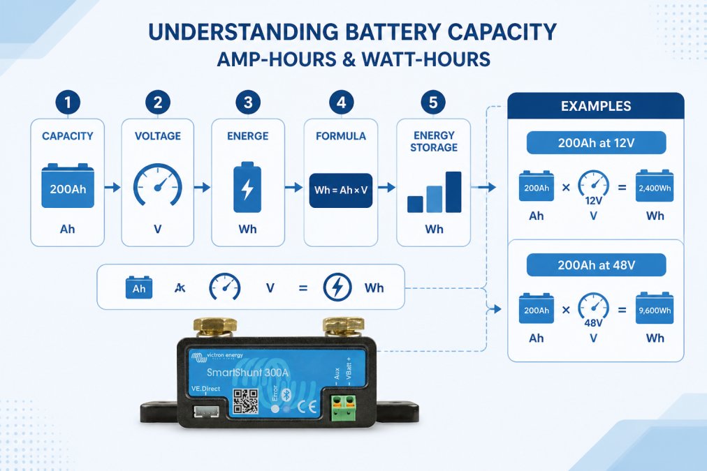 Flowchart showing relationship between amp-hours, watt-hours, voltage and energy storage with example: 200Ah at 12V = 2,400Wh; 200Ah at 48V = 9,600Wh