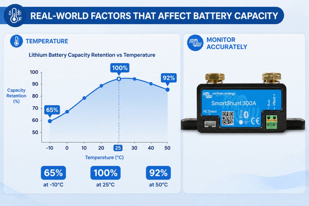 Line chart showing lithium battery capacity retention vs temperature from -10°C to 50°C, with 100% capacity at 25°C, dropping to 65% at -10°C and 92% at 50°C