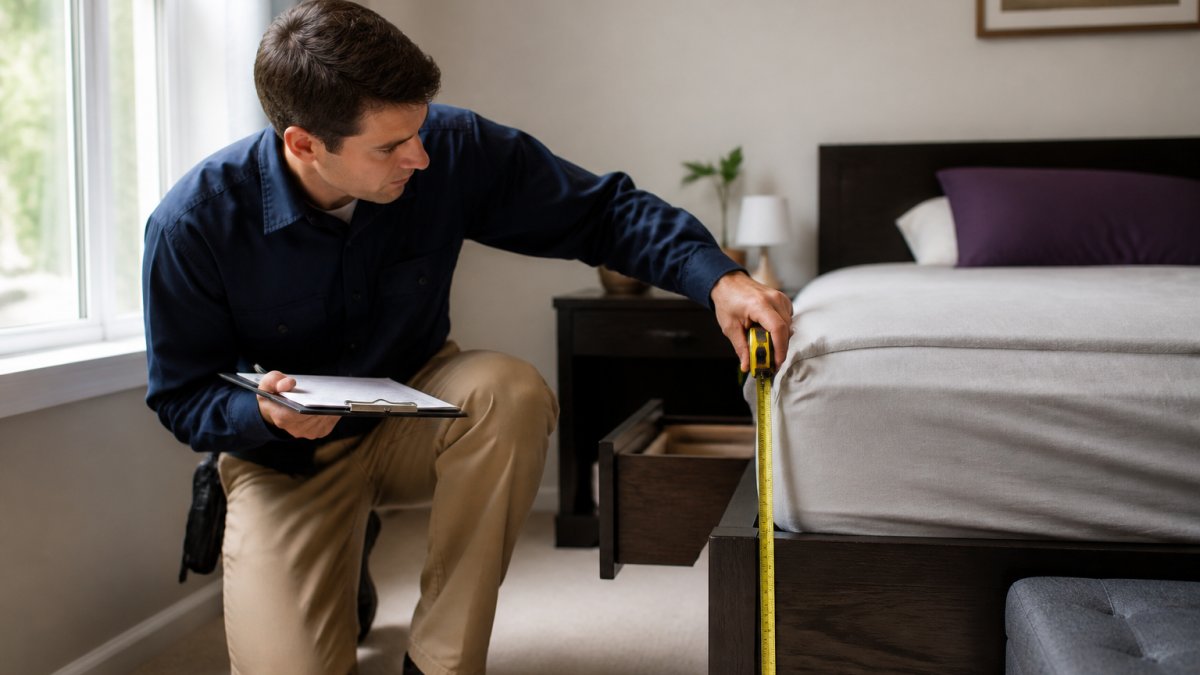 Professional pest control inspector measuring bedroom dimensions with tape measure, clipboard in hand, examining mattress seams and furniture placement for treatment assessment