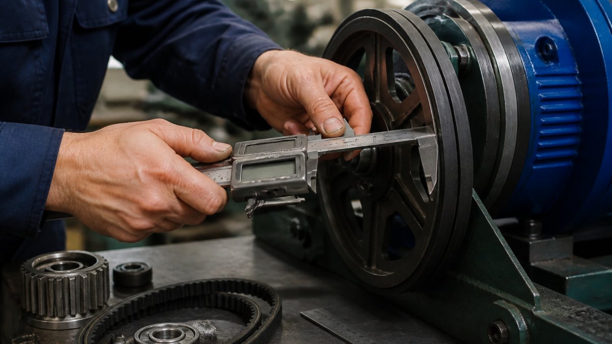 Technician's hands using a digital caliper to measure the pitch diameter of an industrial V-belt pulley mounted on machinery in a factory workshop with fluorescent lighting