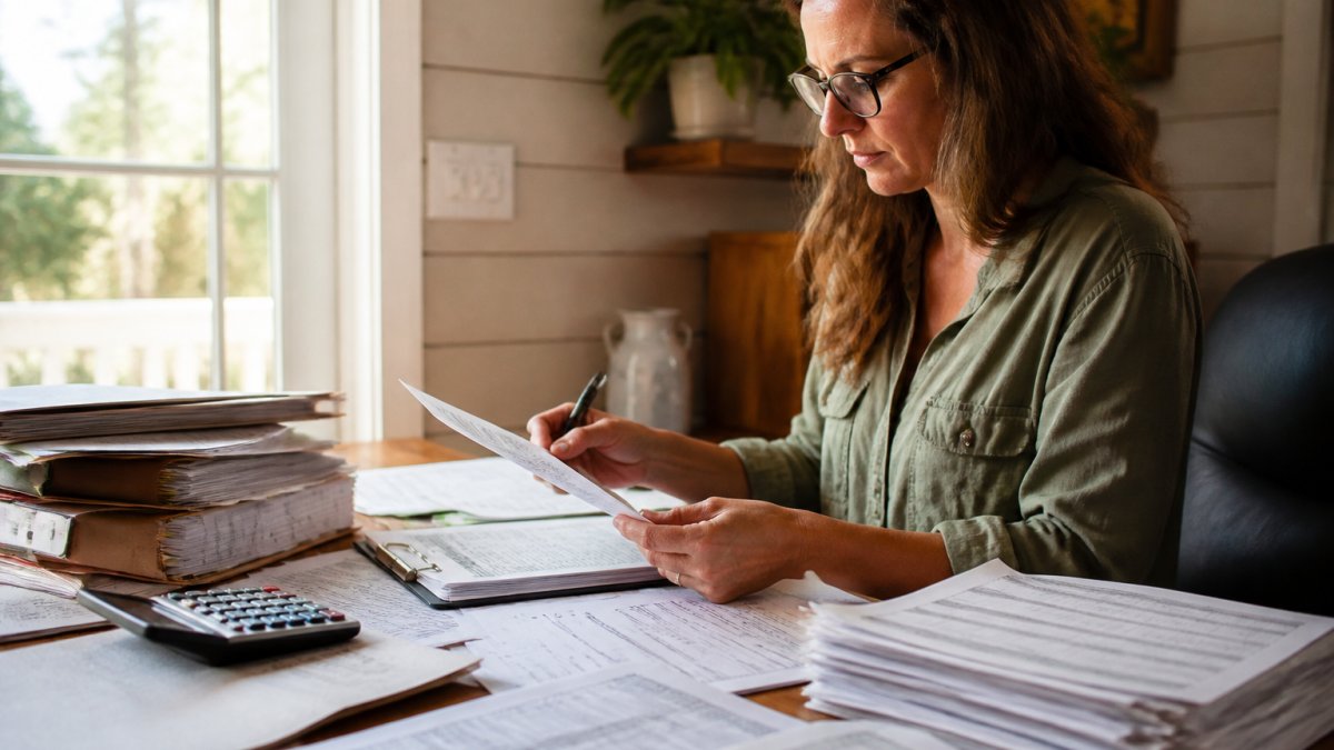 Practice manager sitting at desk reviewing financial spreadsheets and billing reports on computer screen, with documents, calculator, and insurance claim forms nearby, natural office lighting