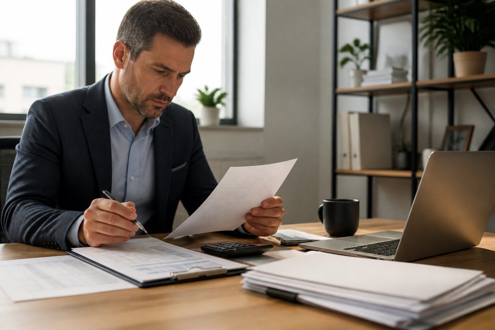 Real estate investor or developer sitting at desk reviewing loan documents, calculator, and property paperwork with laptop visible, natural office lighting
