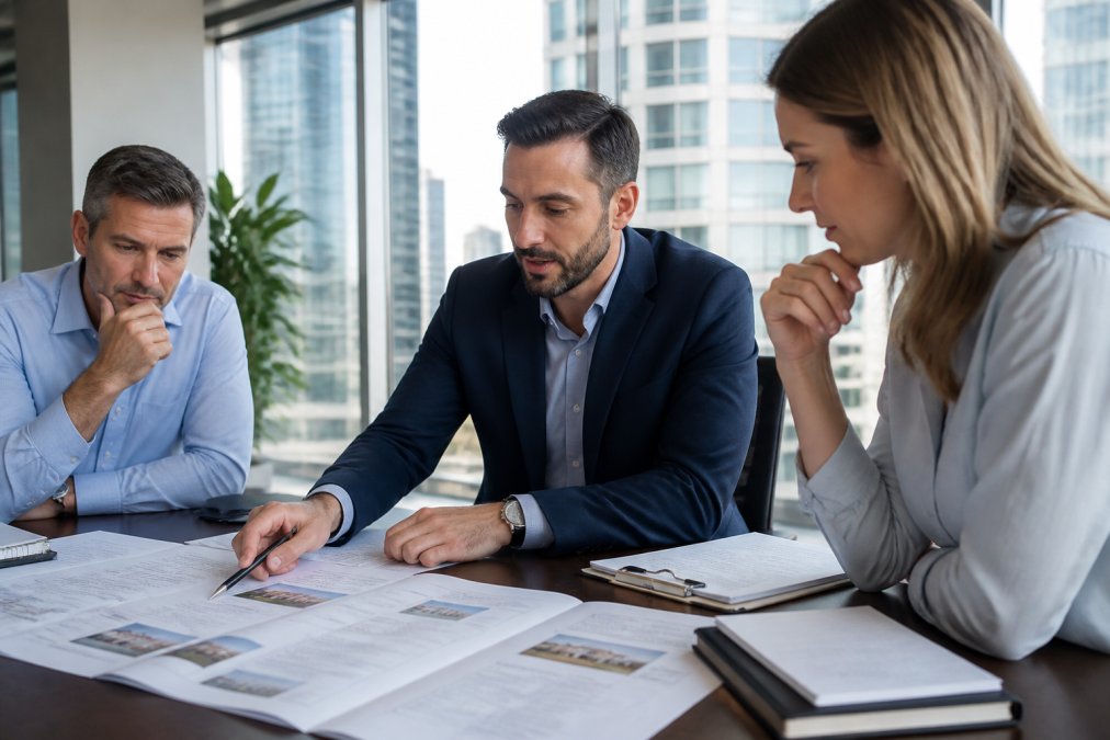 Business professional or investor in modern office reviewing property acquisition timeline and financing strategy documents with colleagues, natural lighting