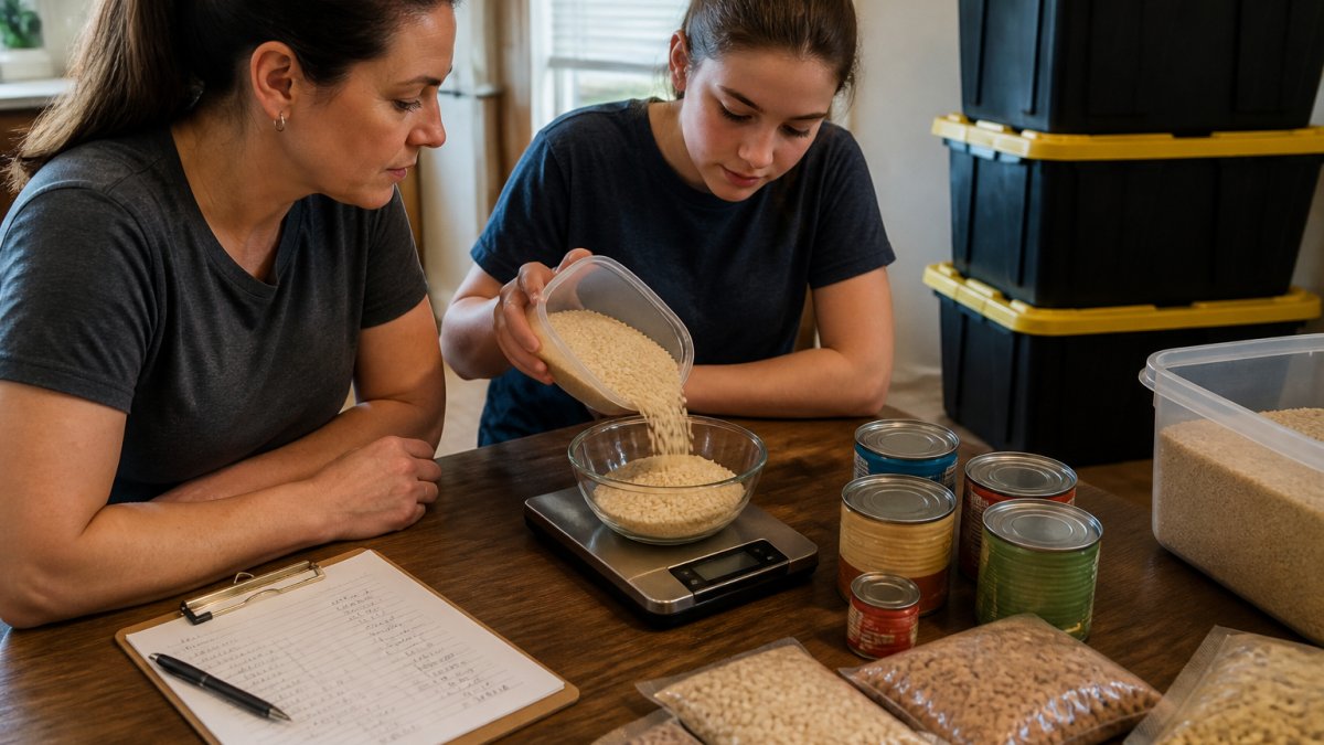 A parent and teenager at a kitchen table weighing rice and canned goods on a digital scale, with a clipboard of handwritten calorie notes and stacked food storage bins in the background