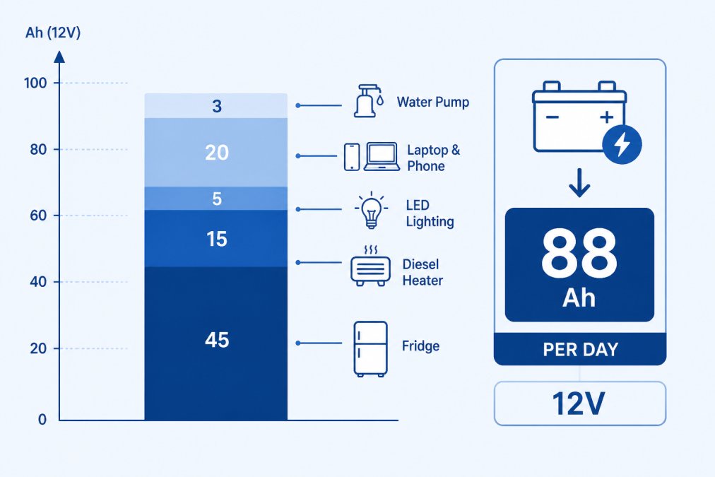 Stacked bar chart showing a sample campervan daily energy budget in Ah: fridge 45Ah, diesel heater 15Ah, LED lighting 5Ah, laptop and phone charging 20Ah, water pump 3Ah, totalling approximately 88Ah per day at 12V