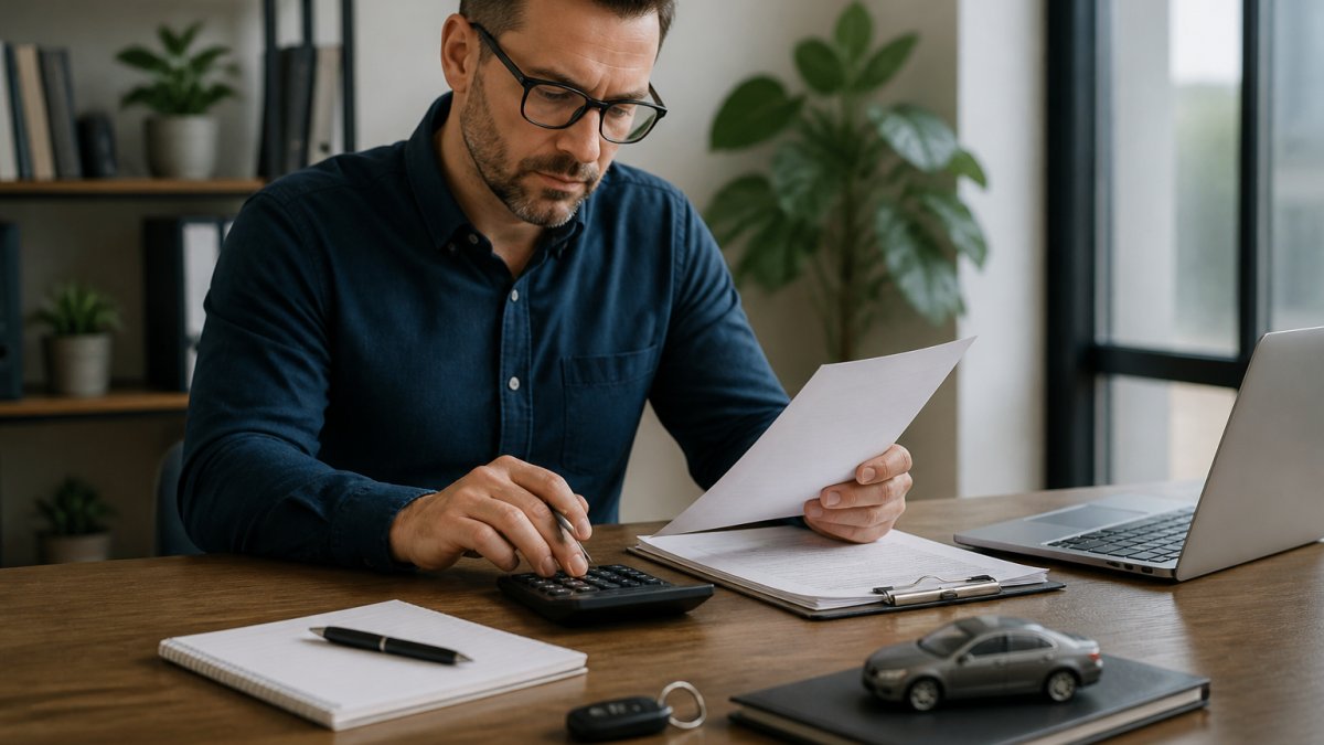 Professional reviewing financial documents and using a calculator at a desk with laptop, notepad, and pen in natural office lighting