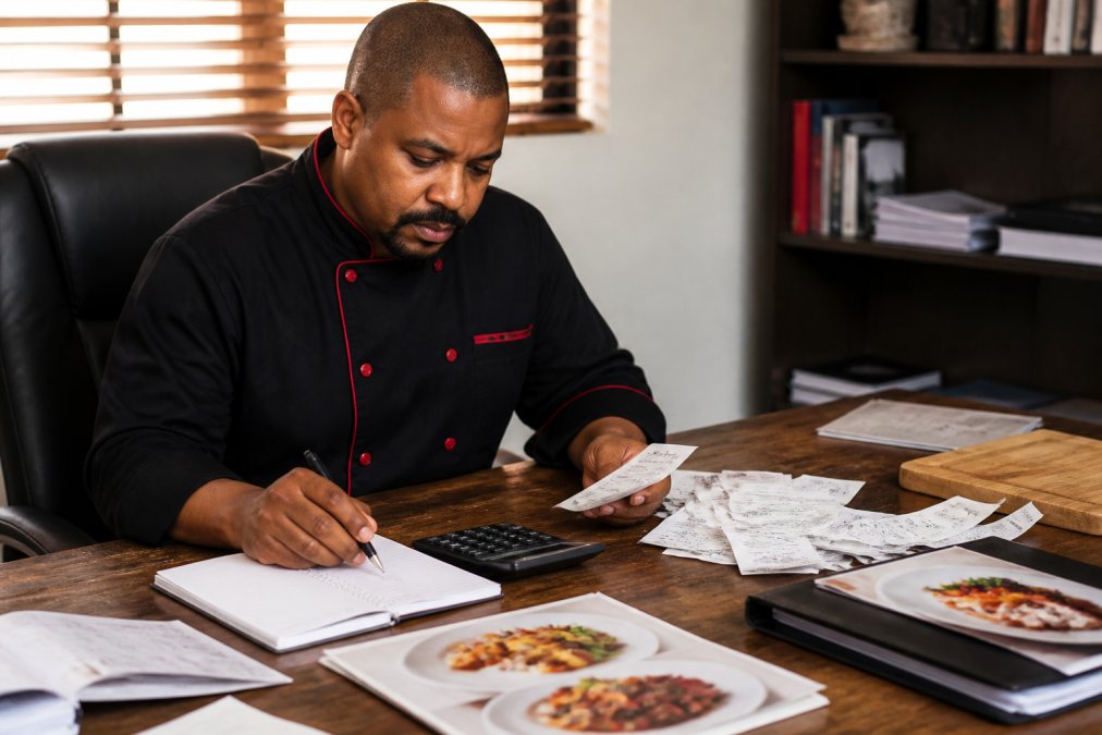 Professional catering manager reviewing detailed cost breakdown spreadsheet at desk with calculator, menu samples, and food cost receipts organized nearby