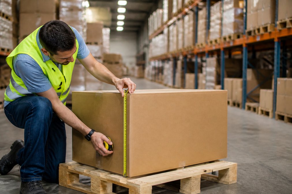 Warehouse worker measuring a large cardboard shipping box with a yellow tape measure on a wooden pallet, wearing a high-visibility safety vest, with rows of stacked cargo boxes visible in the background under warehouse fluorescent lighting