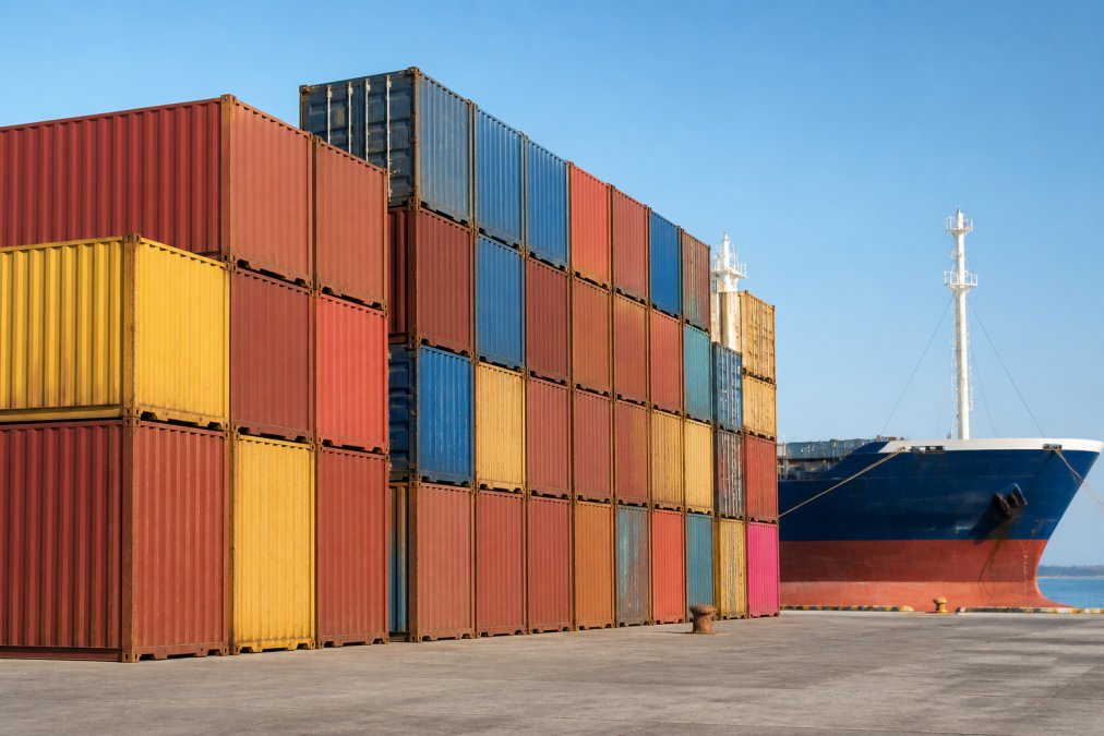 Row of colorful stacked intermodal shipping containers at a busy port terminal, photographed from ground level with a clear blue sky overhead and the bow of a large cargo ship visible in the background