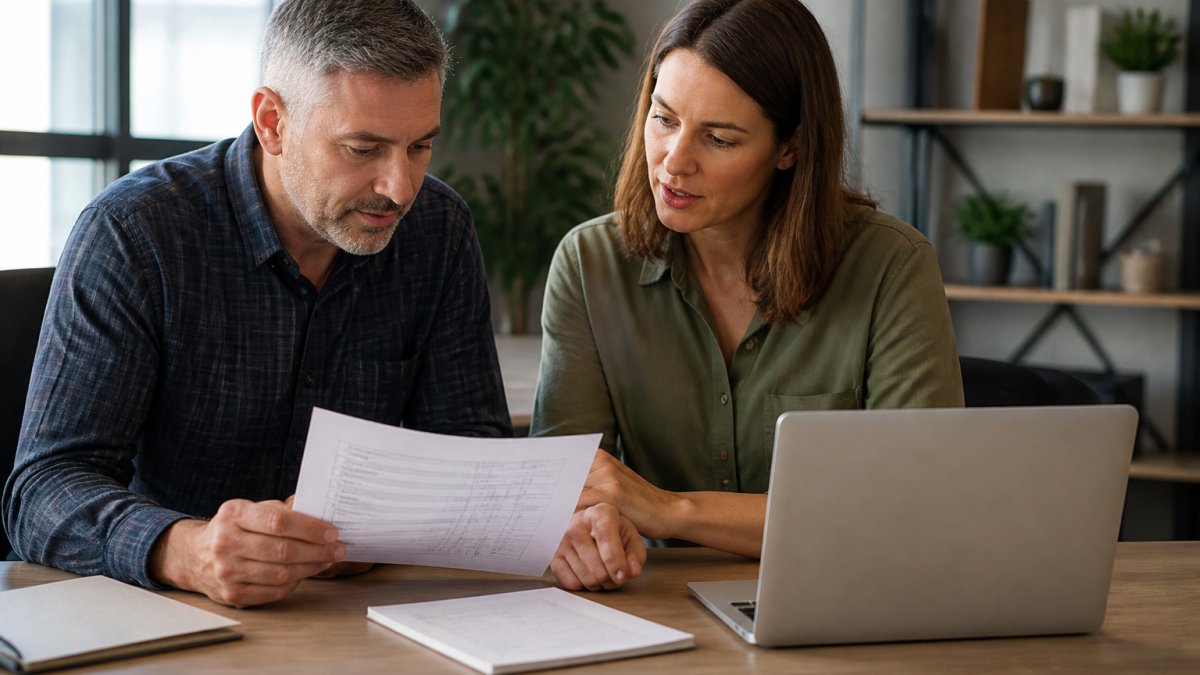 A small business owner and a team member reviewing a printed checklist and a laptop spreadsheet together at a wooden desk in a bright office