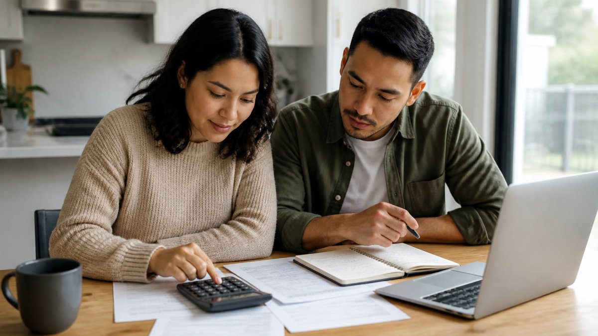A couple sitting at a kitchen table with a calculator, notebook, and laptop, reviewing a closing cost worksheet together in a bright home office
