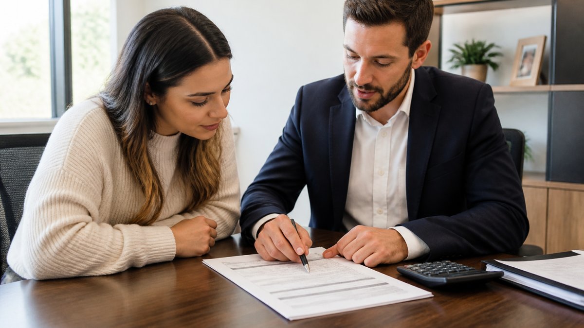 A homebuyer and a loan officer reviewing a Loan Estimate document together at a desk, with a pen and calculator nearby, in a bright office