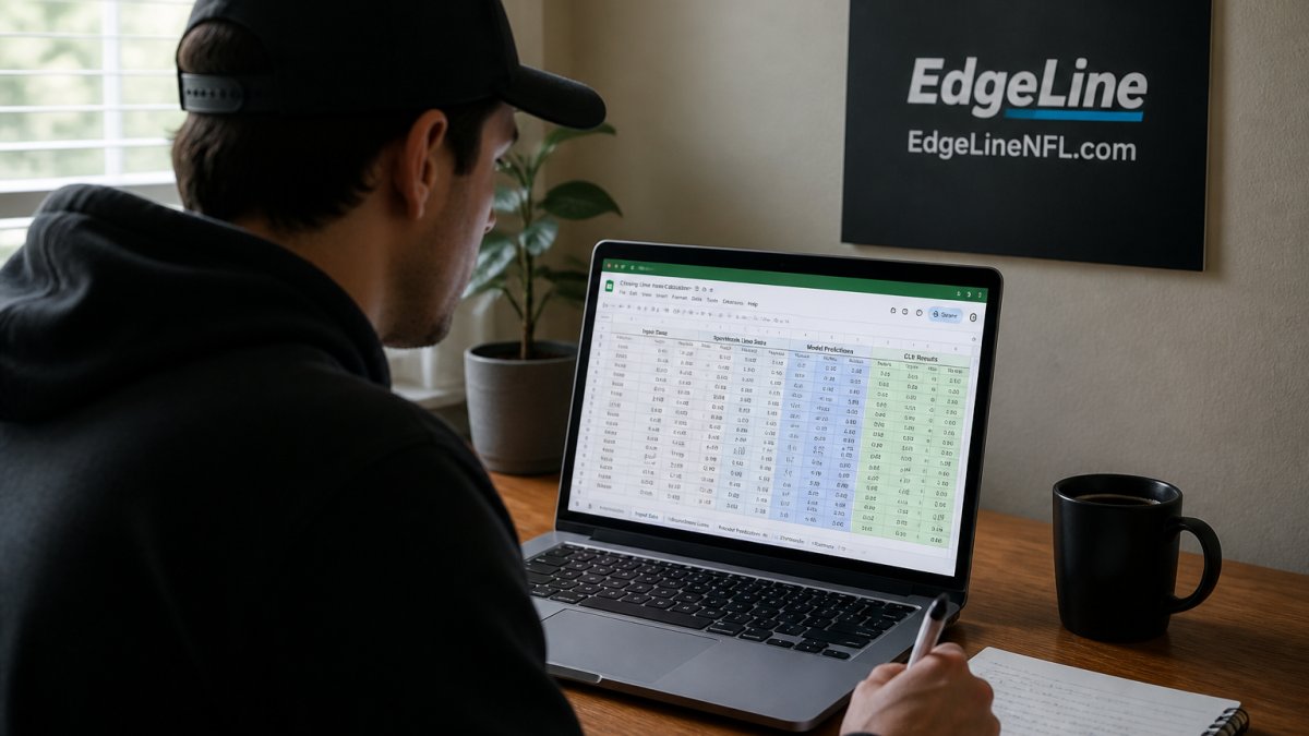 Professional bettor reviewing sports betting spreadsheet on laptop with multiple tabs open, pen in hand, natural window lighting showing real-time line data