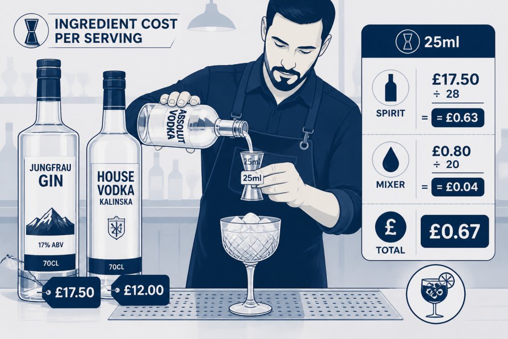 Bar manager measuring premium spirits into a cocktail glass with bottles of gin and vodka visible on the counter, natural bar lighting illuminating the pour