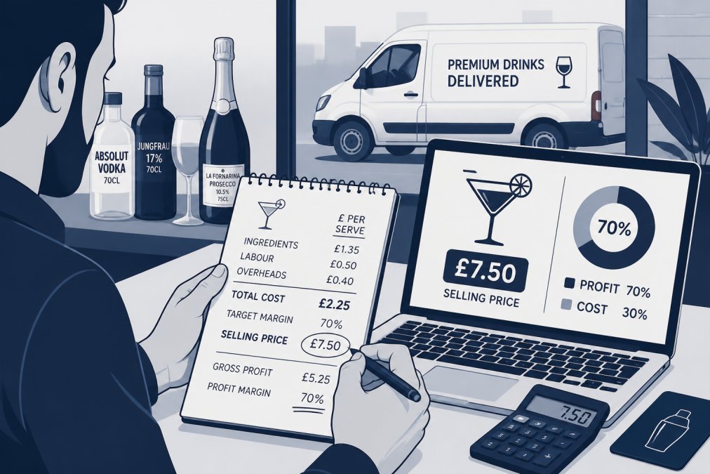 Bar owner reviewing handwritten profit calculations on a notepad next to a laptop, with a white van visible through the window in the background