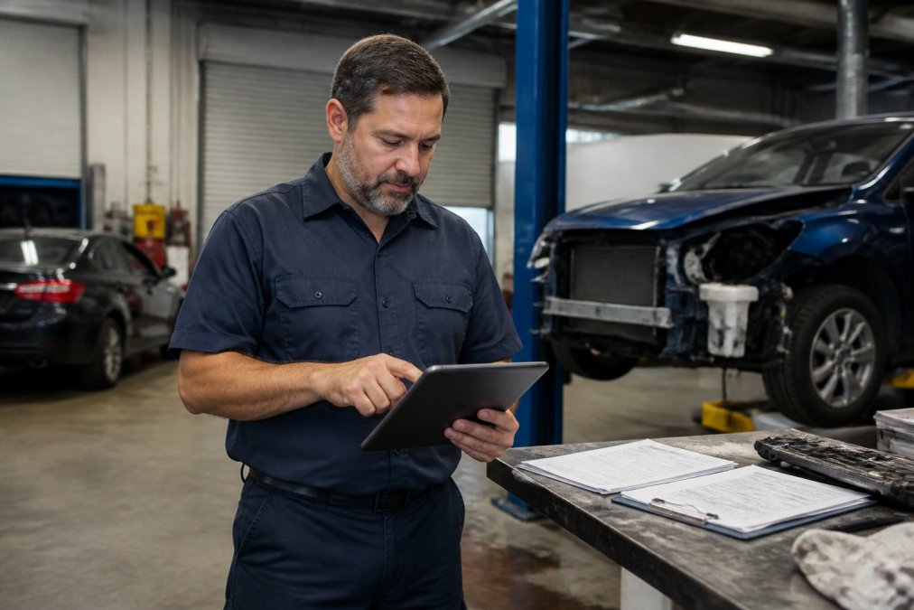 A shop owner in a work shirt reviewing financial reports on a tablet while standing near a workbench in a clean, well-lit auto body repair facility