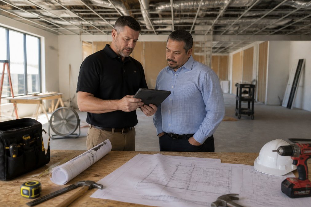 Contractor and client reviewing a commercial renovation cost estimate on a tablet at a construction site