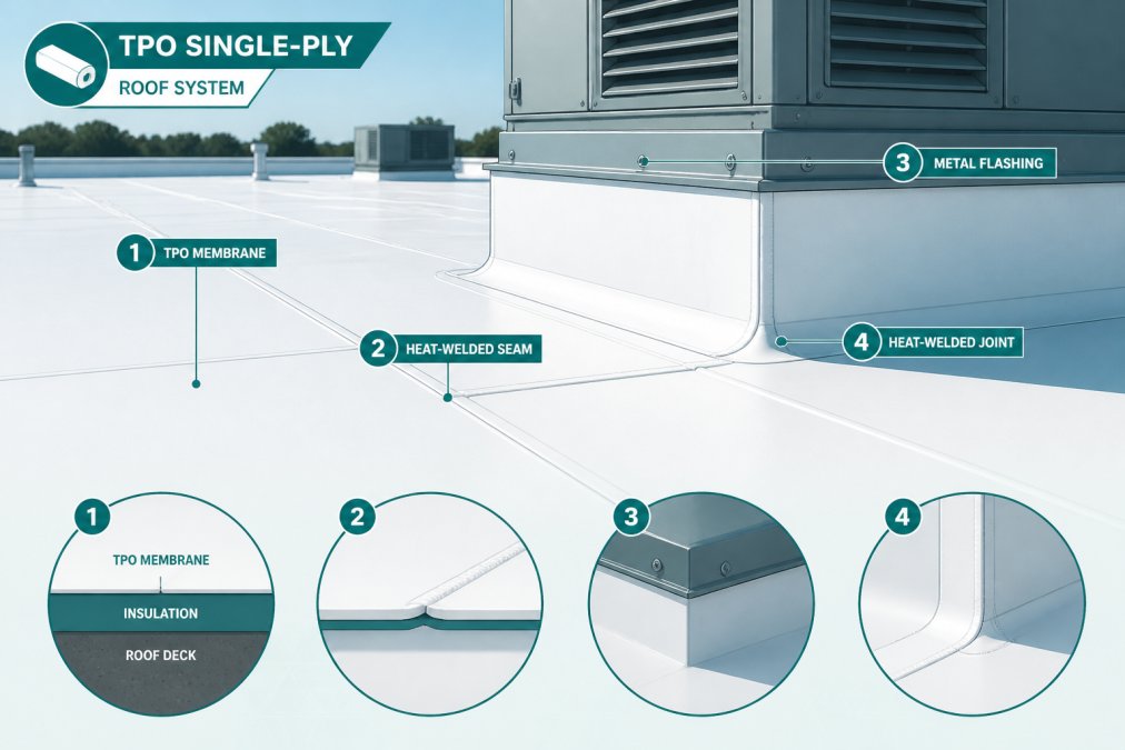 Close-up of a commercial rooftop showing a white TPO single-ply membrane installation with visible seams, heat-welded joints, and metal flashing detail around a rooftop HVAC curb on a flat roof under bright midday sunlight
