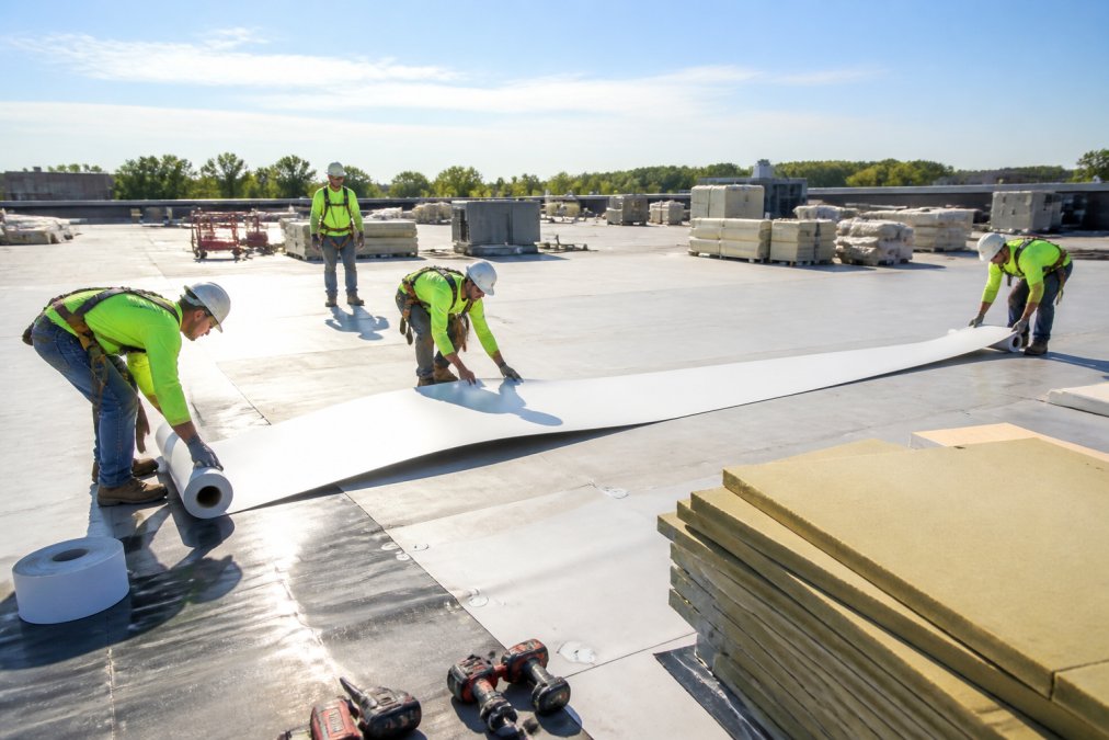 A commercial roofing crew of four workers on a large flat rooftop, unrolling white membrane material in bright morning sunlight, with safety harnesses, rolled insulation boards, and roofing equipment visible across the roof surface