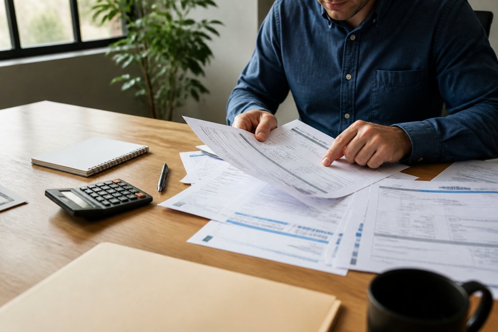Business owner reviewing electricity bills and energy consumption data spread across a desk with calculator, pen, and notebook in natural office lighting