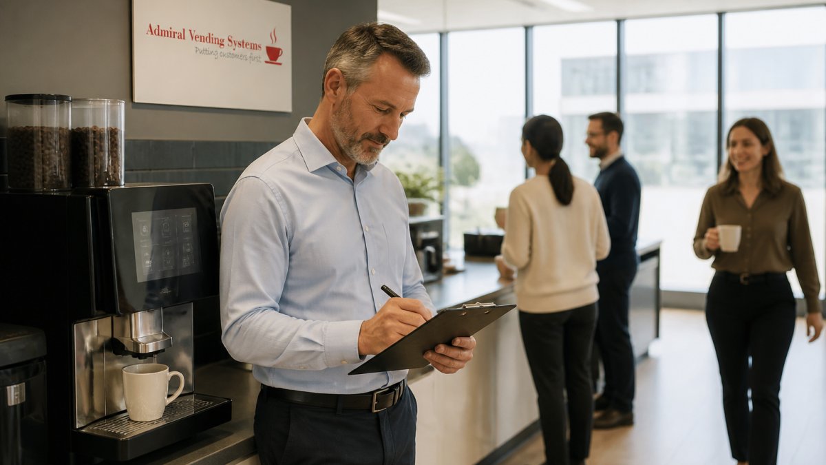 Facilities manager in a bright office kitchen writing figures on a clipboard beside a bean to cup coffee machine, staff collecting drinks in the background