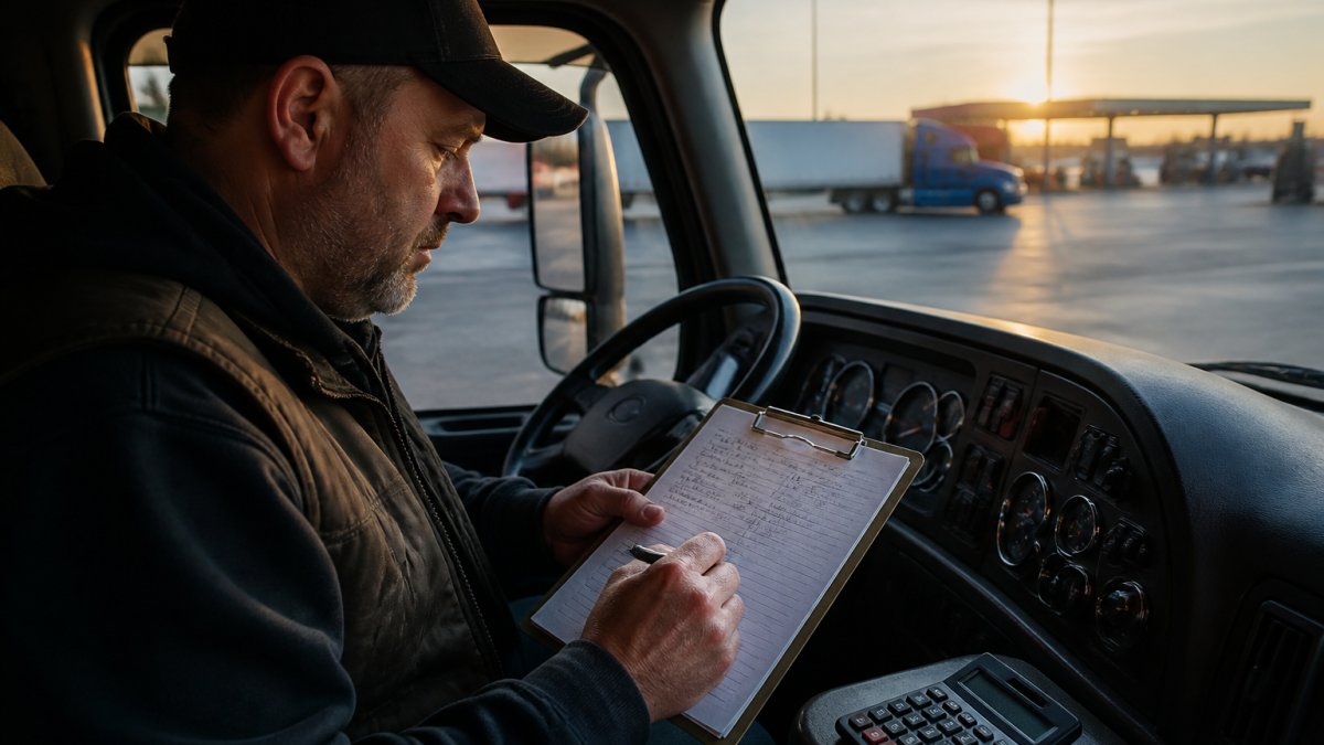 A truck driver sitting in the cab of a semi-truck at a truck stop, reviewing a clipboard with handwritten expense notes and a calculator on the dashboard, early morning light coming through the windshield