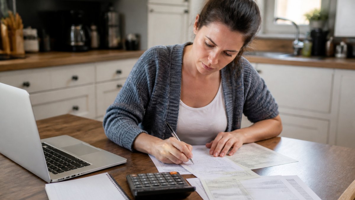 A person sitting at a kitchen table with a laptop, calculator, and paper statements, writing down monthly income and debt figures while looking focused