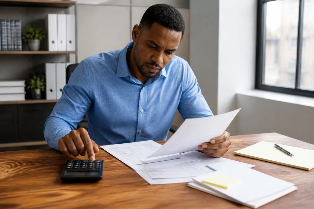 Professional sitting at desk with paycheck stub and calculator, reviewing earnings and deductions on documents under natural office lighting