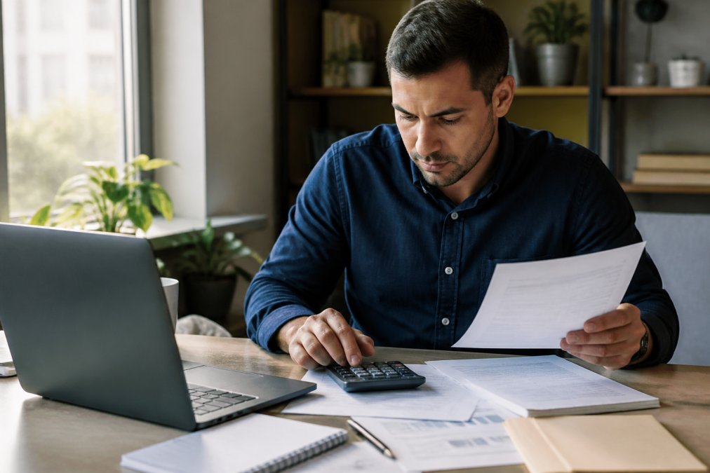 A real estate investor reviewing financial documents with a calculator at a desk, laptop open to a spreadsheet of rental income and expenses, warm natural light from a window