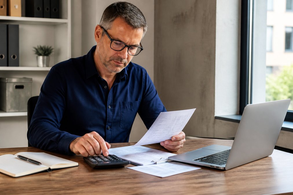 Small business owner reviewing payroll documents and calculator at a desk with laptop, pen, and notebook in a modern office setting with natural window lighting