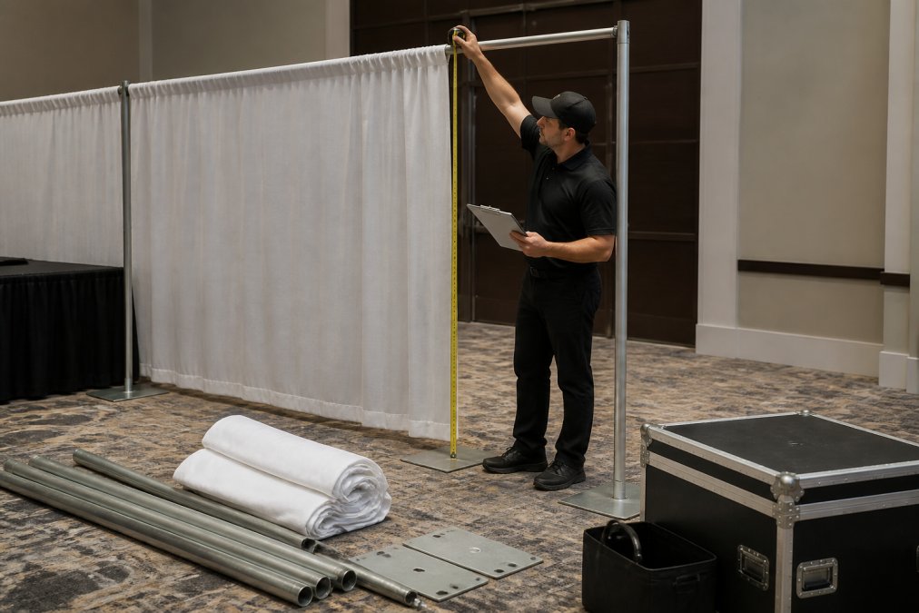 Event professional using a measurement tape on a pipe and drape frame, carefully measuring the vertical distance from the top pipe to the floor while noting dimensions on a clipboard