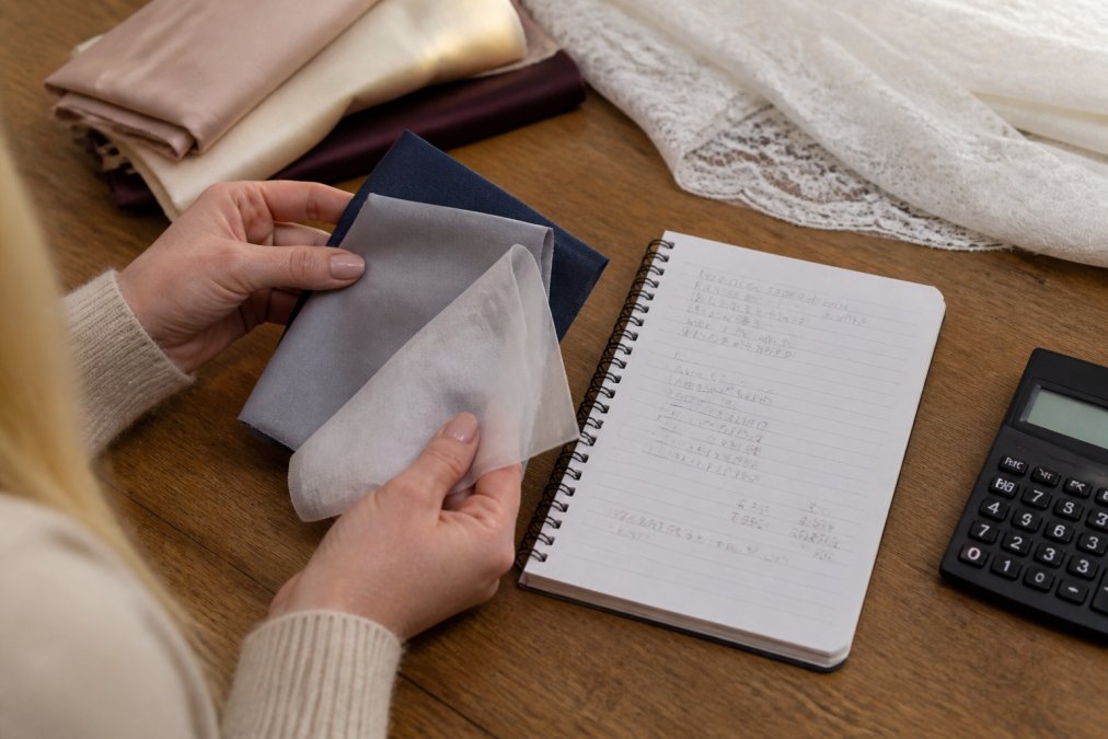 Close-up of hands holding fabric swatches of varying weights and textures next to a notebook with handwritten calculations, measurements in feet and inches, and a calculator on a wooden work surface