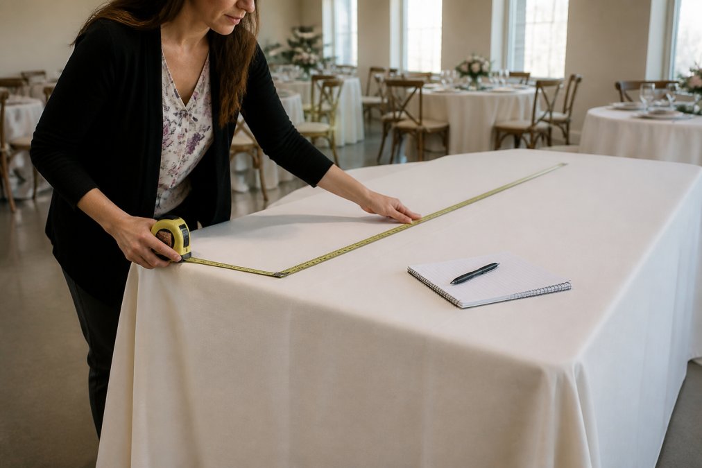 A person using a retractable tape measure along the edge of a rectangular banquet table in a bright event hall, notebook and pen resting on the tabletop, natural window light
