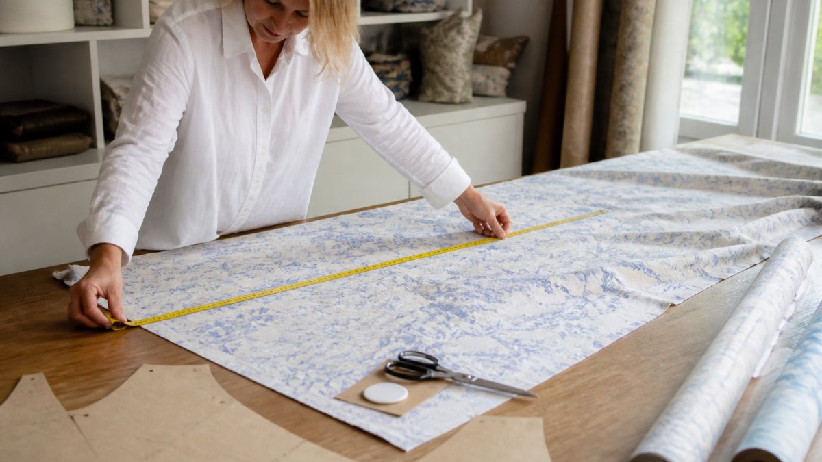 A person measuring fabric with a yellow tape measure on a large wooden table, pattern pieces and fabric scissors laid out nearby in a bright sewing room