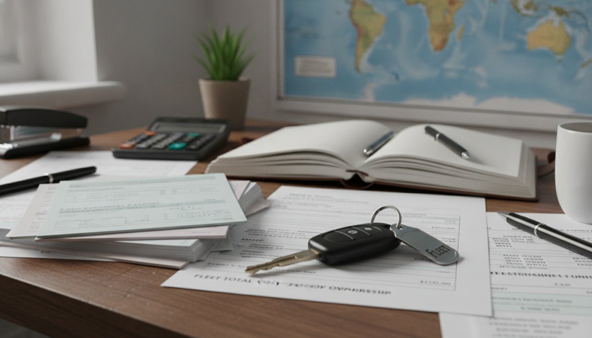 Fleet manager reviewing vehicle cost spreadsheets and data on a laptop at a desk, with vehicle keys and procurement documents nearby, natural office lighting