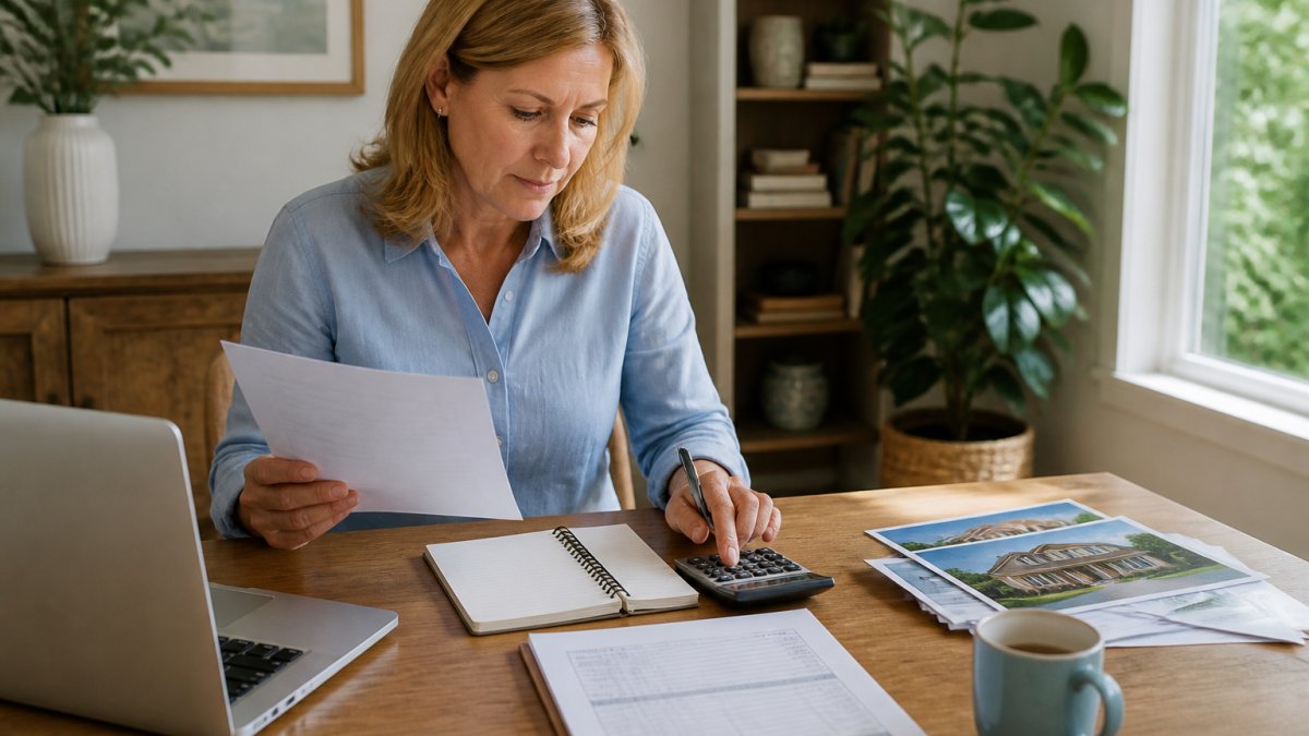 Homeowner using a laptop to calculate florida property taxes at a desk with financial documents